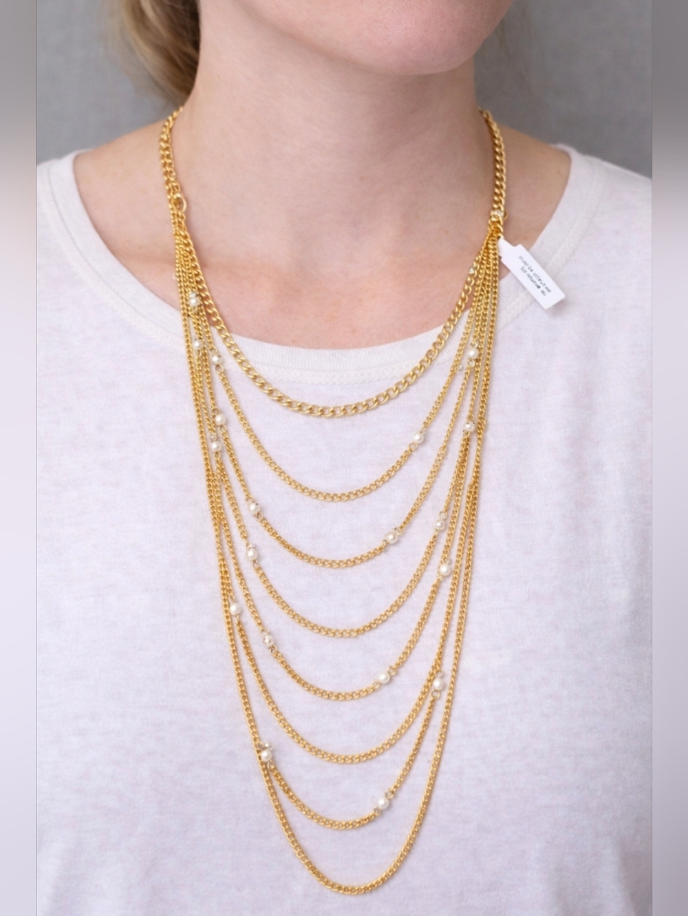 Zoetik Gold Tone Layered Chain Pearl Drape Statement Necklace Boho Chic